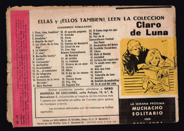 Claro de Luna. Nº 50  Arrivederci.  Ibero Mundial de Ediciones 1959 - Imatge 2