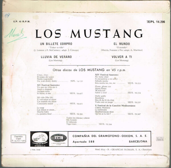 Los Mustang. Un billete compró 7EPL 14.206 Odeón 1965  Disco - Imatge 2