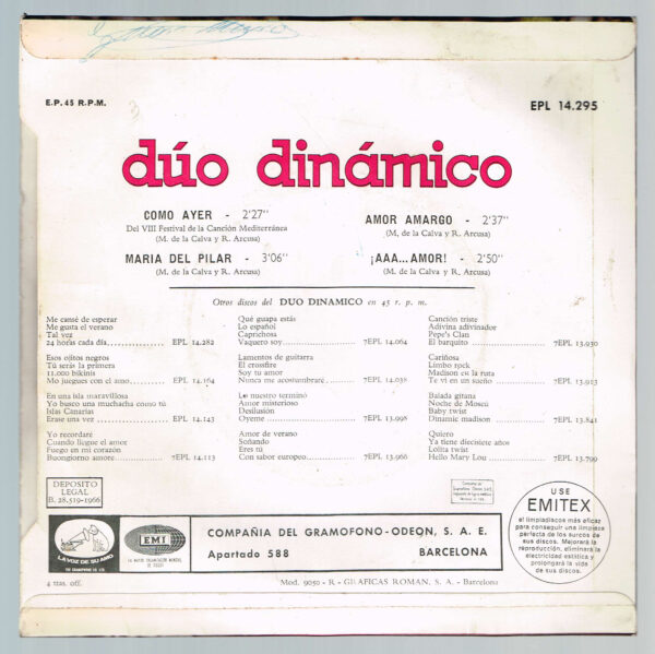 Duo Dinámico. 1er Premio VIII Festival de la Canción Mediterránea EPL 14.295 Odeón 1966 Disco - Imatge 2