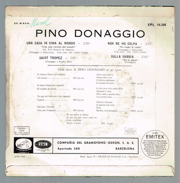 Pino Donaggio. Una casa in cima al mondo EPL 14.248 Odeon 1966 Disco - Imatge 2