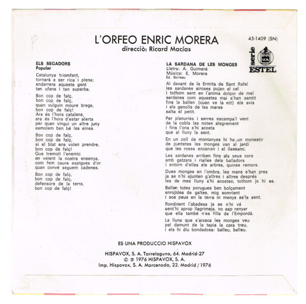 L'Orfeo Enric Morera.  Els Segadors   45-1409 SN  Hispavox  serie Estel 1976   disco - Imatge 2